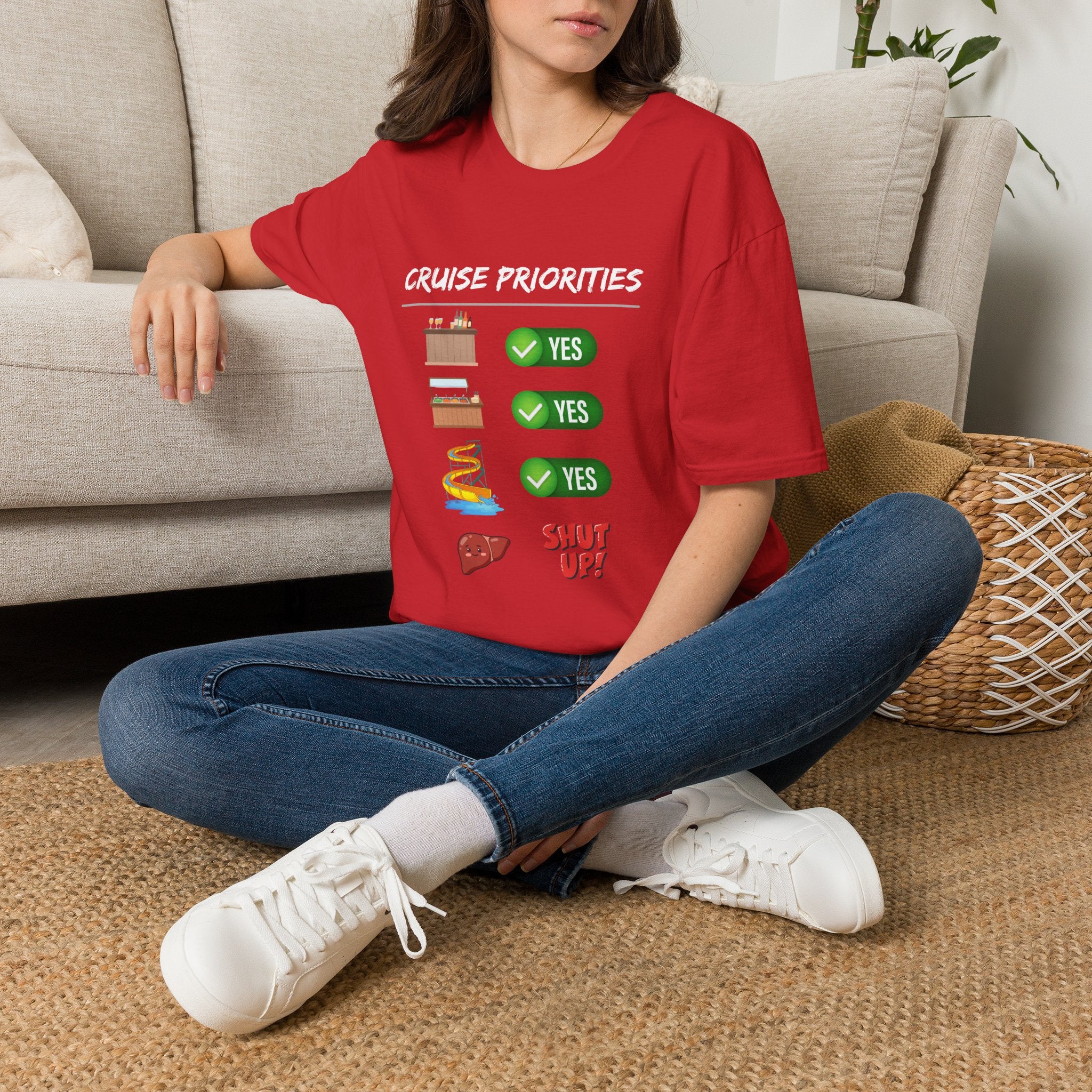 Cruise Priorities T-Shirt — Yes to Bars, Pools & Snacks Vacation Tee